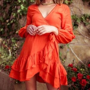 Tessora Paloma Linen Pom Pom Wrap Dress in Orange Size Large